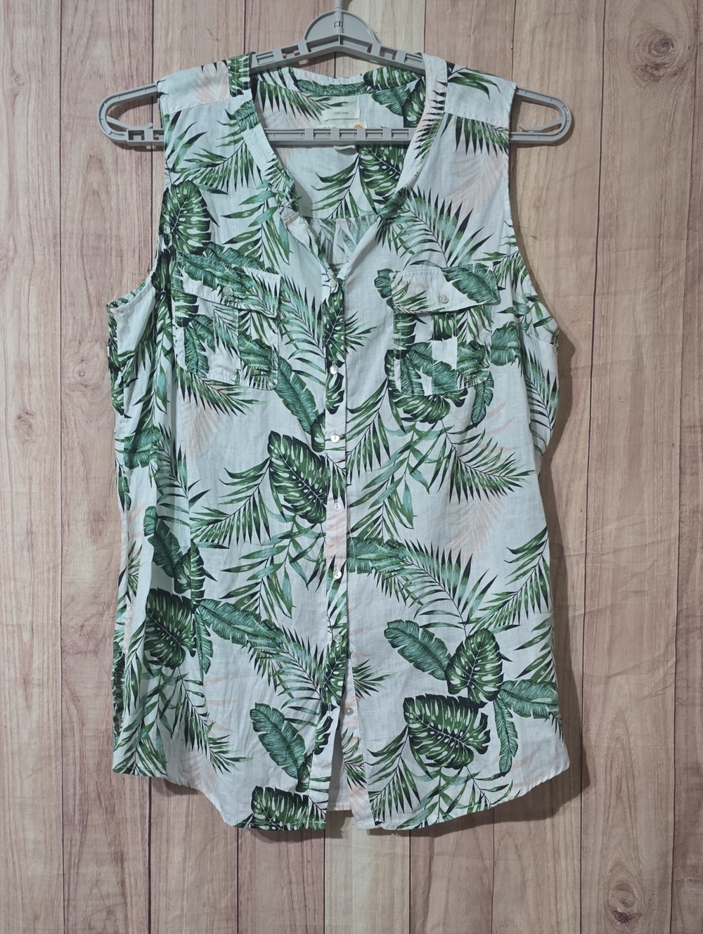 C&C California Sleeveless Green Tropical Print Button-Front Women's Linen Top 3X